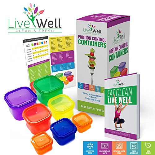 Portion Control Containers 7 Pieces Multi-Colored with BONUS GUIDE Planner & Recipes eBook - Comparable to 21 Day Fix - Diet & Weight Loss - Premium Quality