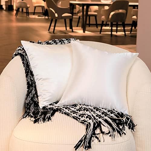 LUXQUA Decorative Square Throw Pillow Covers Set of 2, Wrinkle Fade Resistant Silk Cushion Pillow case 16"x16" 2 Pack Ivory White for Sofa, Bedroom & Car