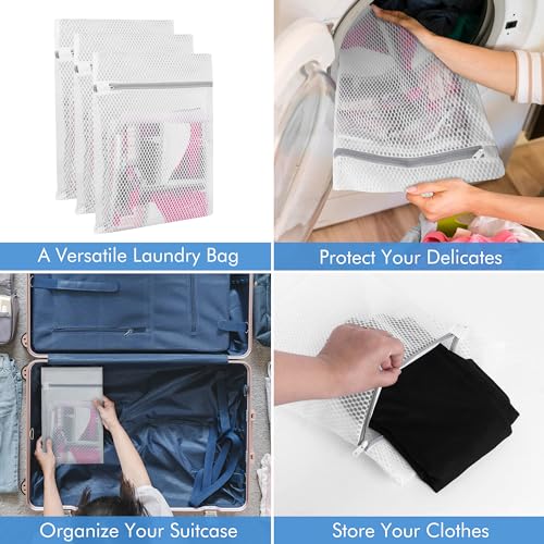 Meuvo Mesh Laundry Bags for Washing Machine – Durable Washing Bags for Laundry, Delicates Wash Bag with Elastic Zipper Protector, Net Laundry Bags for Socks, Bra and T-Shirts, White, Pack of 3 - Image 6