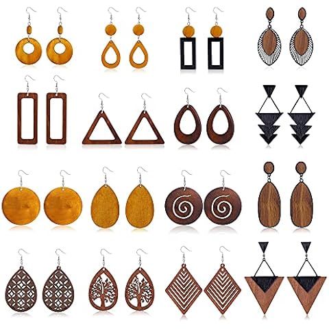 Fansilver 16 Pairs Wooden Earrings Natural Wood Drop Earrings African Dangle Earrings For Women Lightweight Ethnic Statement Drop Earrings Geometric 316L Stainless Steel Hook Wood Metal Cubic Zirconia Cover