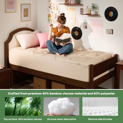 Image of BEDLORE Twin XL Mattress Topper Viscose Bamboo, Pillow Top Mattress Pad | Deep Pockets Fit 6 inch-15 inch Mattress, Soft Breathable Thick Dorm-Size Mattress Topper for Students and Hot Sleepers(Beige)