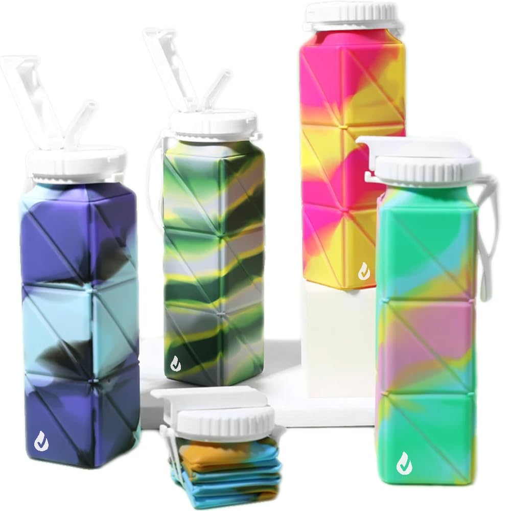 drinqrightFoldable Water Bottle with Drawstring Pouch | Silicone Collapsible Water Bottles (620ml) | Portable, Compact & Reusable Travel Water Bottle for Hiking, Cycling, Camping