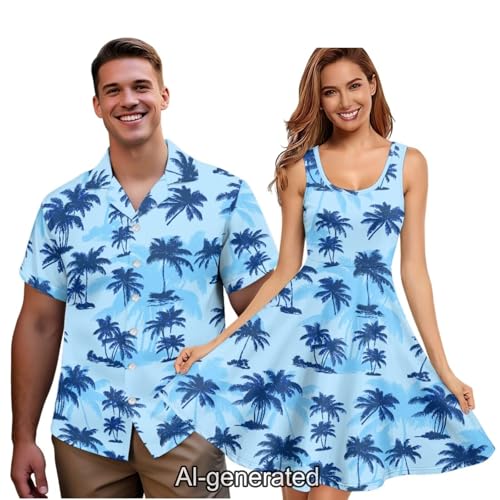 Image of Dreaweet Summer Dresses for Women A-Line Sleeveless Flowy Sun Dresses,Men's Casual Button-Down Shirts,Couple Matching Outfits