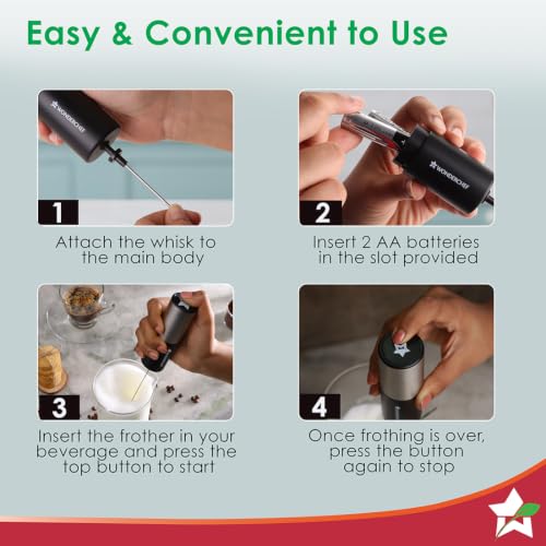 Image of Wonderchef Regalia Milk Frother & Whisk, Kitchen Tool for Coffee, Lattes, Whip Cream, Egg Whisk, AA Battery Operated, Stainless-Steel, Stand-up Design, Easy Single Push Mechanism, Everyday Use, Black