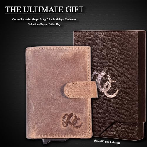 Image of Full Grain Leather Pop-Up Wallet for Men - RFID Blocking Bifold with Quick Card Access - Slim Minimalist Design - Holds 8+ Cards & Cash (Sand)