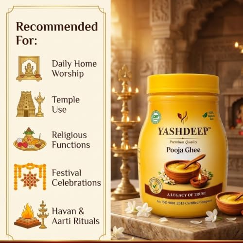 Image of Premium Quality Pooja Ghee 1000 ML | 100% Vegetable Base Religious Ghee for Diya Lighting, Aarti, Havan & Puja Rituals | Long Burning Traditional Worship Ghee for Home, Temple & Festival Ceremonies