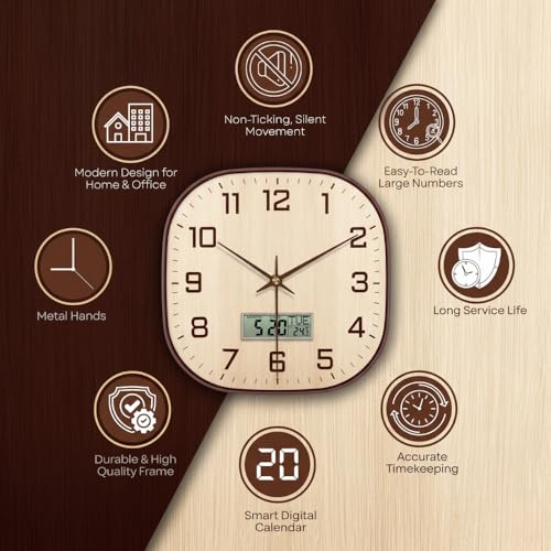 Image of STAR WORK 12 inch Inch Square Silent Non-Ticking Quartz Movement Wall Clock with Analog & Digital Display | Easy-to-Read Numbers | Modern Design for Living Room, Bedroom or Office (Cream - Brown Digital)