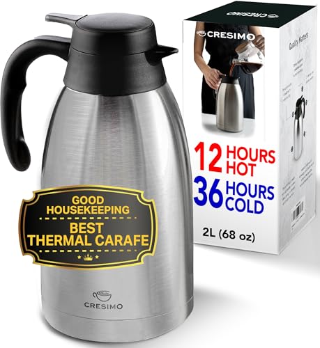 Comparison: Best Carafe For Keeping Coffee Hot 7 Cresimo Thermal Coffee Carafe 68oz / 2L - 12 Hours Hot Beverage Dispenser, Insulated Stainless Steel Carafe for Liquids, Coffee Carafes For Keeping Hot Water Dispenser for Parties - Large Tea Flask