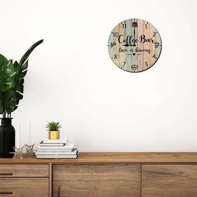 Miniatura 2 de Reloj de pared para cafetería, decoración de pared, funciona con pilas, sin tictac, cuarzo silencioso, analógico, rústico, rústico, reloj redondo,