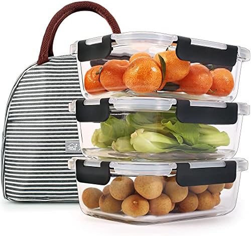 DAS TRUST 3 Pack 36oz Glass Food Storage Containers Meal Prep Containers Reusable Fridge Organizers Lunch Container for Adults Food Storage Containers with Lids Airtight Pizza Salad Storage Container