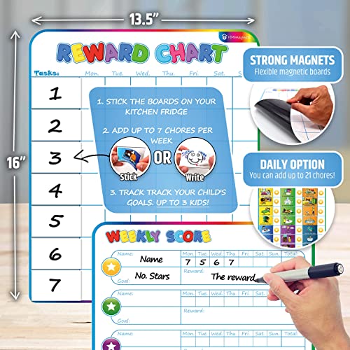 Large Magnetic Reward Chart For Multiple Kids (1-3 Kids) - 127 Pre-Written Stickers (Including Potty Training) + 30 Custom Chores - Behavior, Responsibility & Incentive Star Chart For Your Fridge #TOP3