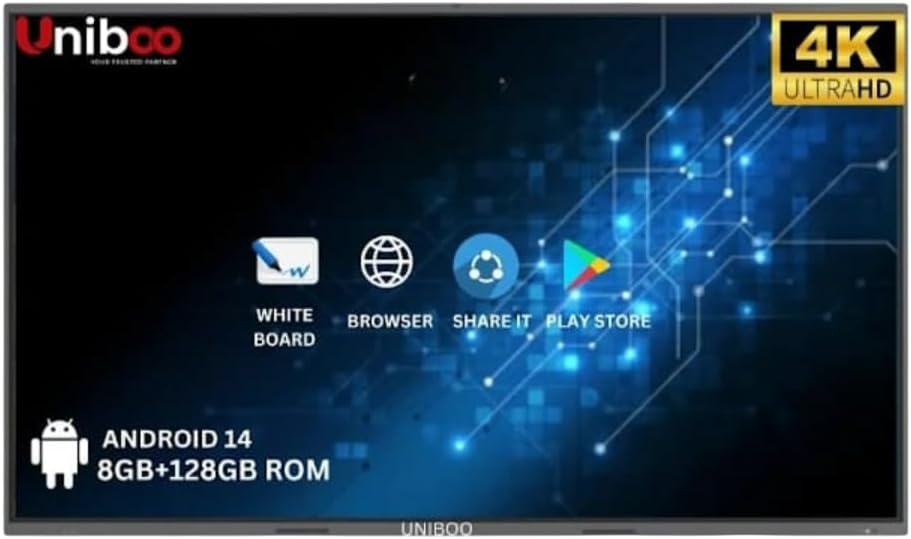 Interactive Flat Panel Display, 4K UHD Multitouch Screen, 8GB RAM, 128GB Storage, Android 14.0, MT9679 Octa Core Processor for Digital Teaching (75" Model no. 750G1)