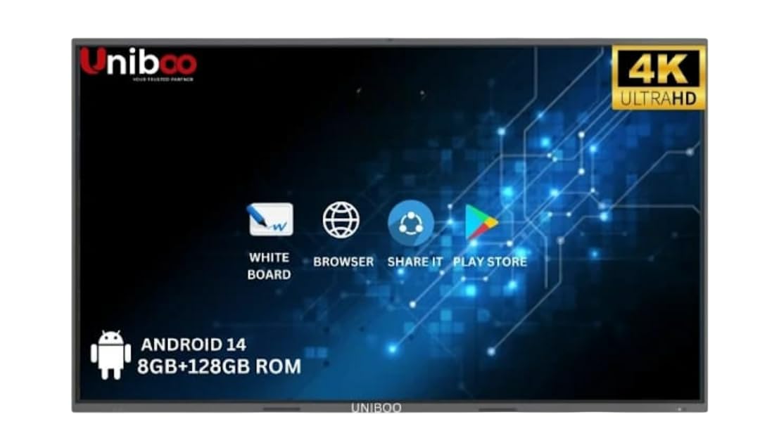 Interactive Flat Panel Display, 4K UHD Multitouch Screen, 8GB RAM, 128GB Storage, Android 14.0, MT9679 Octa Core Processor for Digital Teaching (86” Model no 860G1)