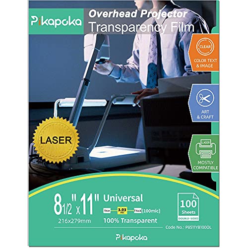 8.5x11 OHP Film Overhead Projector for Color Laser Printer and Copier, 100mic, 100 Sheets, Transparency, Double Side Coated, Pikapoka (P8511YB100OL)