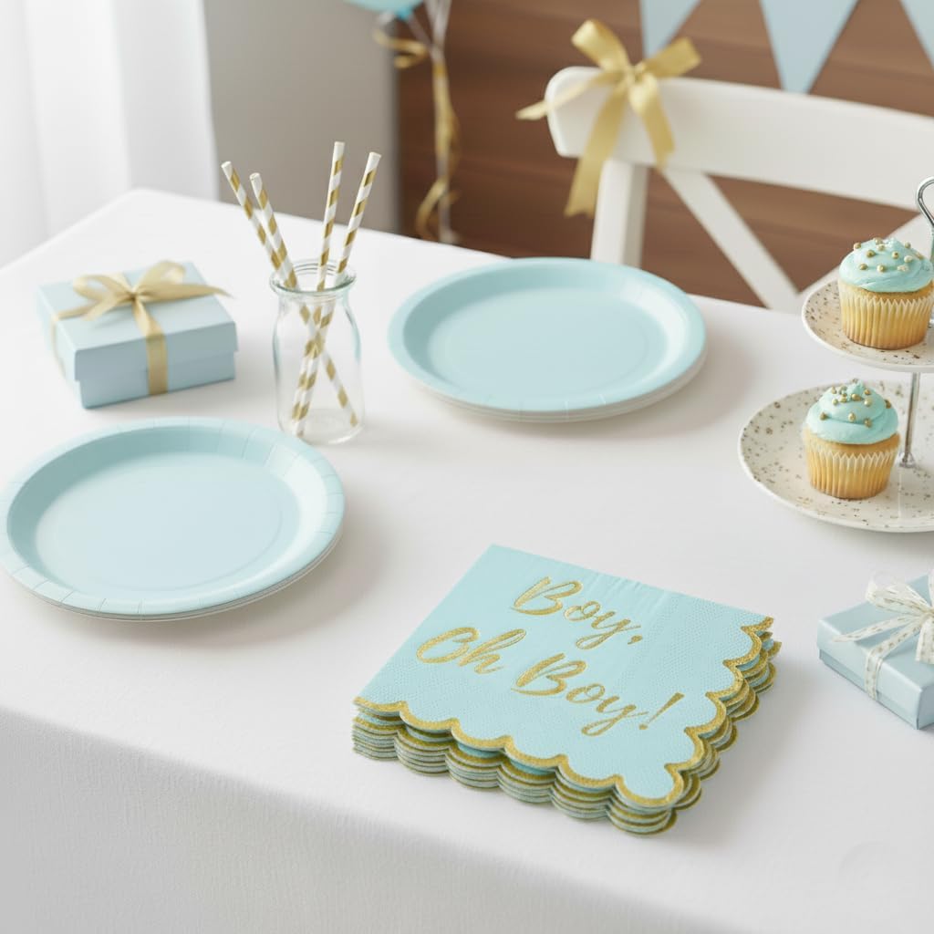 Baby Shower Decorations for Boys, Blue and Gold Oh Boy Napkins, It's A Boy Decor, Gender Reveal Party, Pregnancy Announcements, Welcome Home, Sweet, Elegant and Disposable, 50 Pack