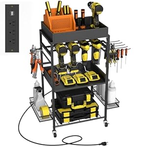 melos Power Tool Organizer Cart, Garage 4 Drill Shelf Rack, Power Tool Organizer with Charging Station, Tools organizer cart with wheels, Tool Box Utility Cart for Mechanic, Black