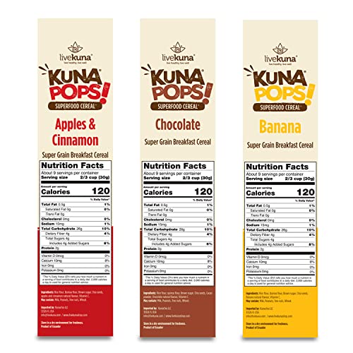 Livekuna Kunapops Superfood Cereal With Quinoa & Chia - Variety Mix 3-Pack - Protein Breakfast Cereal, Low Sugar Snack - No Preservatives Or Additives, Zero Cholesterol & Low Sodium - Chocolate, Banana And Apples & Cinnamon #TOP6