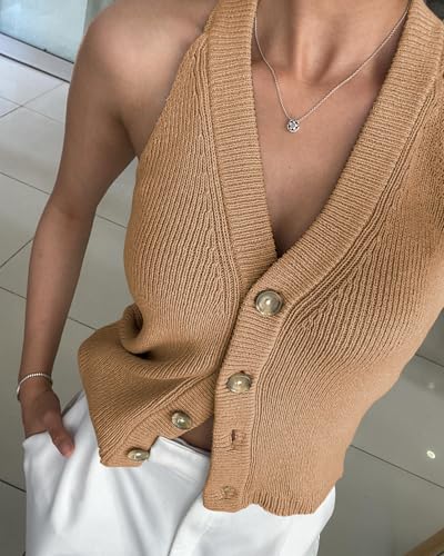 Image of Womens Button-Front Sweater Vest Top V Neck Sleeveless Knit Tank Fitted Halter Raceback Cardigan Vest