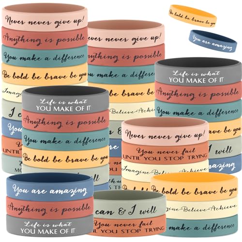 Sieral 50 Pcs Inspirational Wristbands Motivational Rubber Bracelets Thank You Gifts Bulk for Students Women Men Stretch Quote Silicone Bracelets(Teens Size,Bright Colors)