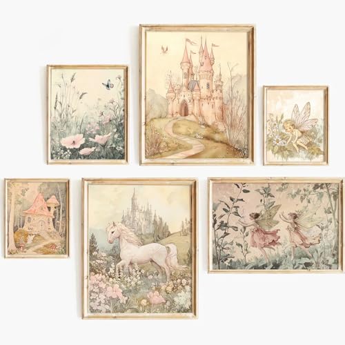 Image of Vintage Fairy Nursery Wall Art Baby Girl Room Canvas Wall Decor Magic Forest Poster Fantasy Fairytale Prints Nursery Artwork Antique Magical Picture Flower Painting for Bedroom 8x10x6 Inch Unframed