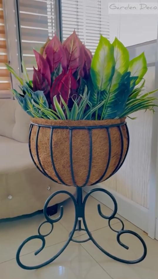 GARDEN KING 14 inch URN Planter with Coco Coir Liner, Plant Stand and