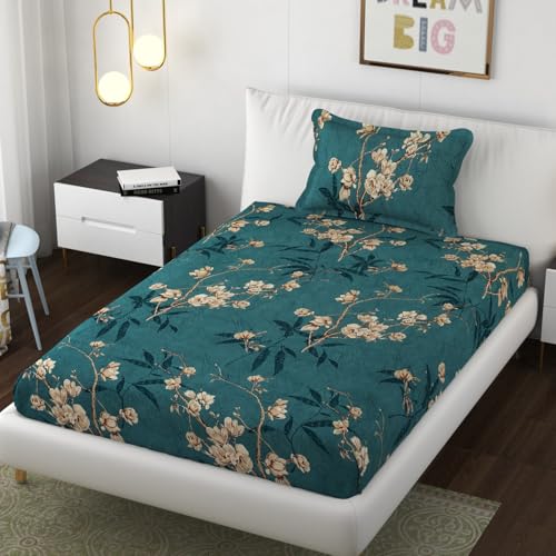 Image of Premium Heavy Cotton Flat Bedsheets with 1 King Size Pillow Covers | Single Bed 350 TC | 60 x 90 Inch Single Size Flat | :- Green Flower