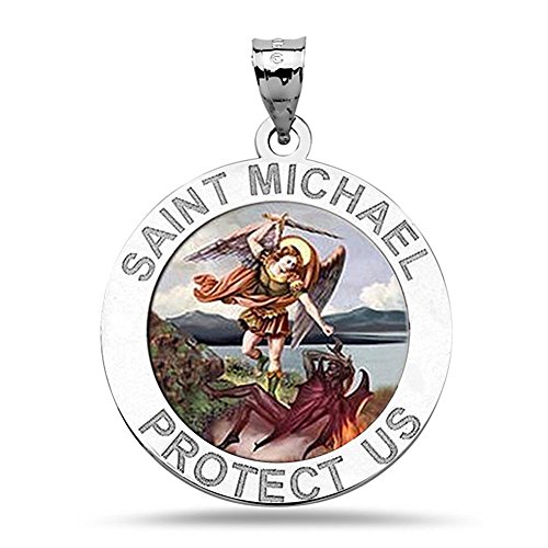 PicturesOnGold.com Saint Michael Religious Medal Color - 3/4 Inch Size of a Nickel in Sterling Silver WITH ENGRAVING