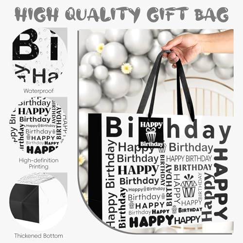 Image of JMANNI Large Happy Birthday Gift Bag with Tissue Papers and Greeting Card,Portable Paper Gift Bags with Handles,White and Black Present Bags for Women Men Birthday Party Supplies13 x 10.2 inch x 4.7 inch