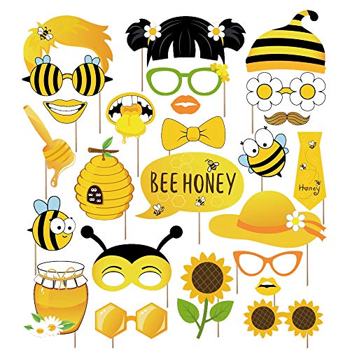 Kristin Paradise 25Pcs Bee Honey Photo Booth Props with Stick, Bumblebee Selfie Props, Bumble First Birthday Party Supplies, Beeday Gender Reveal Baby Shower Theme Backdrop Decorations, Kids 1st Bday
