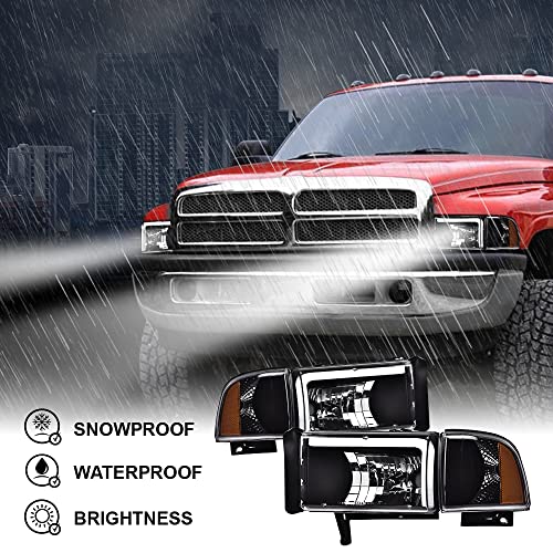 Image of GRAND ORANGE Led Drl Headlights Assembly, Compatible with Dodge Ram 1500 2500 3500 1994 1995 1996 1997 1998 1999 2000 2001 2002 Clear lens Black Housing Amber Reflector