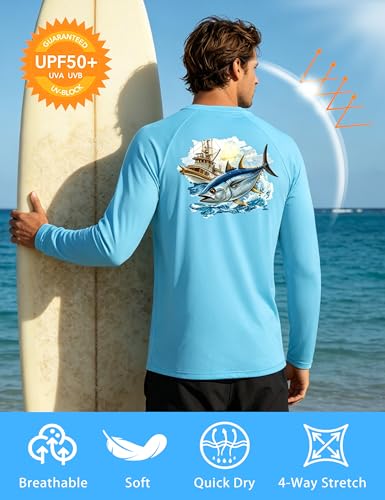 Image of Men's Rash Guard Long Sleeve, UPF 50+ UV Protection Sun Shirt, Quick Dry Lightweight T-Shirt for Fishing Swim Surf