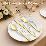Lifewit Gold Plastic Silverware, Disposable Heavy Duty flatware Set | 450 PCS Cutlery Dinnerware Set, 150 Forks, 150 Spoons, 150 Knives, Ideal for Party, Wedding, Birthday and Event, BPA-Free