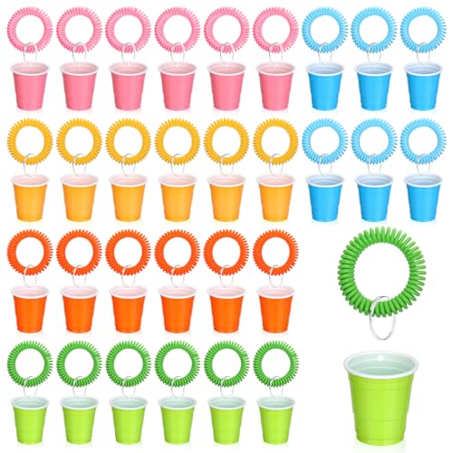 30 Pcs Multi Colors Shot Cups with Wristband for Party 2oz Plastic Shot Glasses Disposable Mini Shot Glasses Bulk with Wrist Coil 2oz Solo Cups for Festival Birthday Favor Carnival Party Supplies