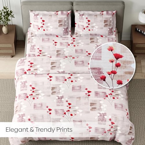 Image of Haus & Kinder King Size Bedsheet for Double Bed with 2 Pillow Covers 108 x 108 Inches | 144 TC Cotton Bedsheet for King Size Bed - Pink Flower Sketch