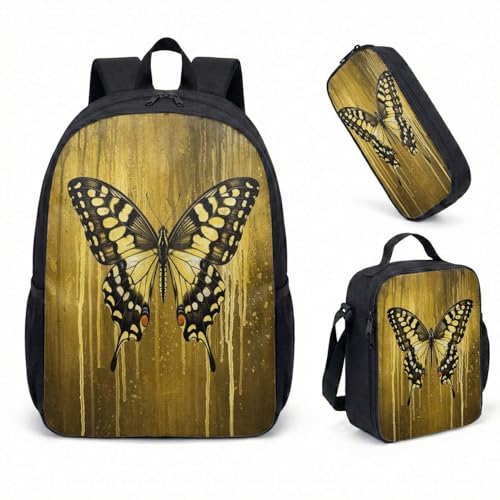 Purple Gold Butterfly 17 Inch Backpack 3 Piece Set Art