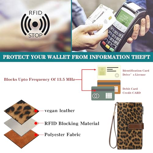 Image of GOIACII Large Wallet for Women Leather Wristlet Leopard Print | RFID Blocking, Multi-card Slots, Detachable Wrist Strap, Trifold Clutch Purse