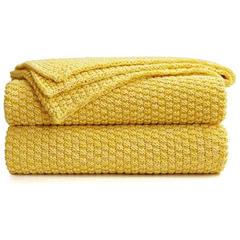 Longhui bedding Yellow Knitted Throw Blanket for Couch - Soft, Cozy Machine Washable 100% Cotton Sofa Cable Knit Blankets, 4.0lb, 60 x 80 Inches Oversized, Yellow and White Color Cover