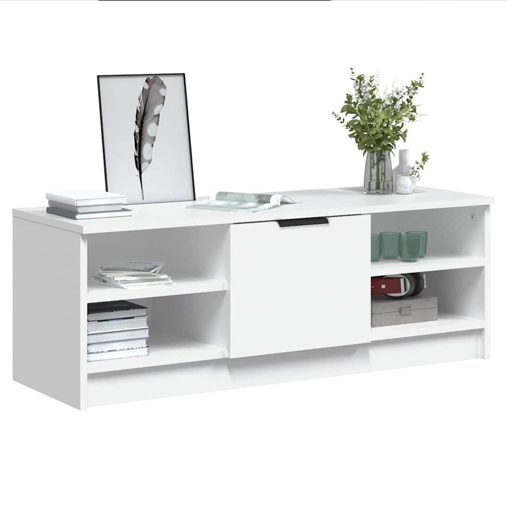 Szafka pod telewizor biała z materiału drewnopochodnego 102 x 35,5 x 36,5 cm z miejscem do przechowywania, półką i półką do salonu, nowoczesny Lowboard, kredens, komoda, szafka pod telewizor