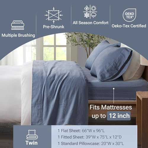 Image of True North by Sleep Philosophy Cozy Flannel Warm 100% Cotton Sheet - Novelty Print Animals Stars Cute Ultra Soft Cold Weather Bedding Set, Twin, Blue Solid 3 Piece