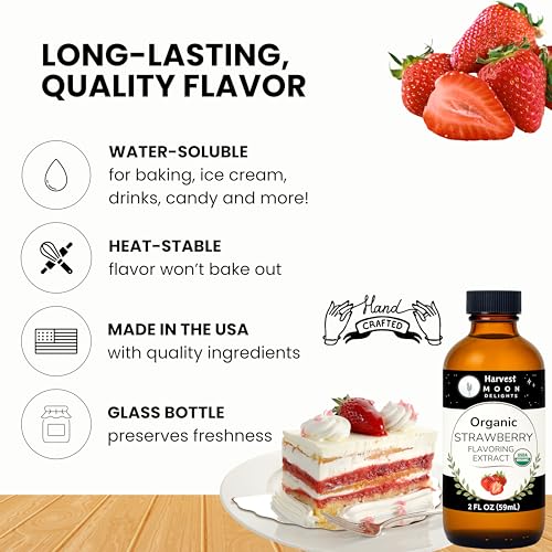 Organic Strawberry Flavoring Extract for Baking, Ice Cream, Drinks, and Candy - 2 oz - Water-Soluble - By Harvest Moon Delights - Pure Strawberry Extract and Flavoring