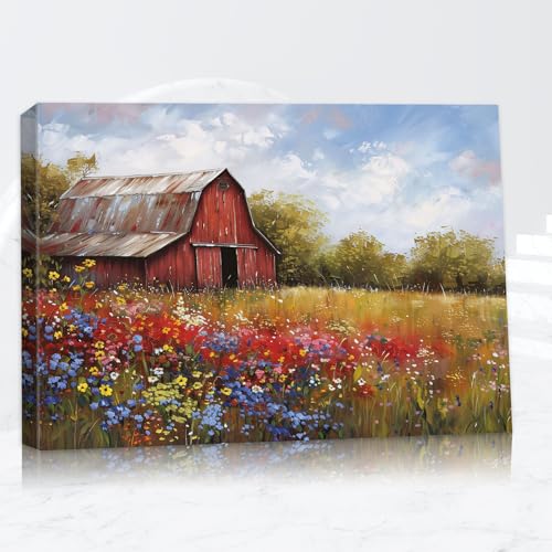 Farmhouse Wall Decor Barn Pictures Wall Art, Rustic Landscape Red