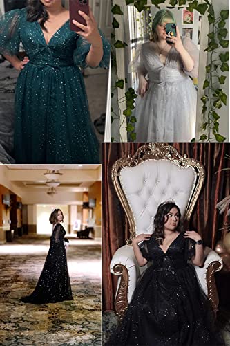 Xijun Plus Size Prom Dresses Puffy Sleeve Sparkle Starry Tulle Navy Blue V Neck Ball Formal Evening Dresses Corset Wedding Gowns Long Us18W #TOP4