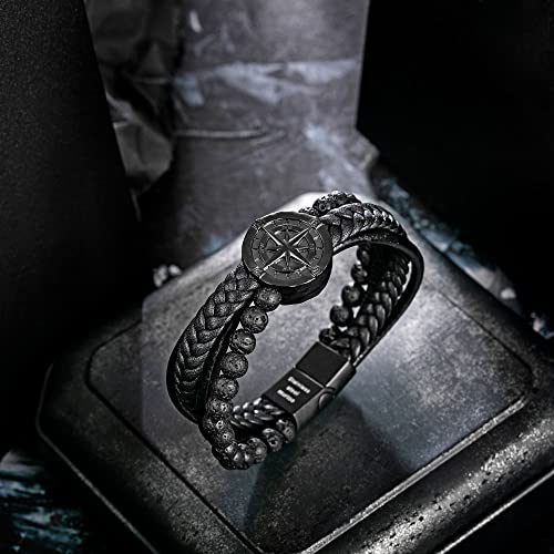 Image of murtoo Men's Bracelet Leather with Compass, Braided Leather Bracelets for Men Magnetic Clasp 7.5 /8.5 /9.5 inch Gift for Husband Boyfriend Father