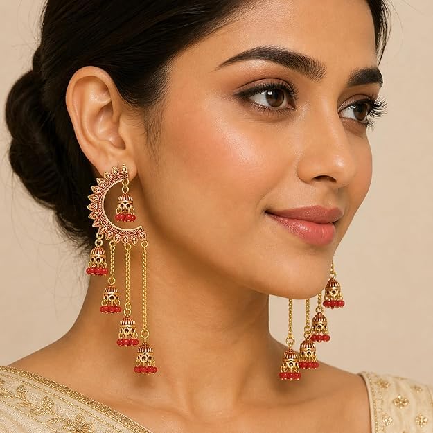 Image of WORLD CRAZE Multicolour long kashmiri jhumka for women chandbali earrings chand baliyan | kashmiri earrings for women | bahubali earrings stylish | Traditional Indian Festive Jewelry | Long Chain Tassels | Pearl Drop Latkan Jewellery (Multi colour)