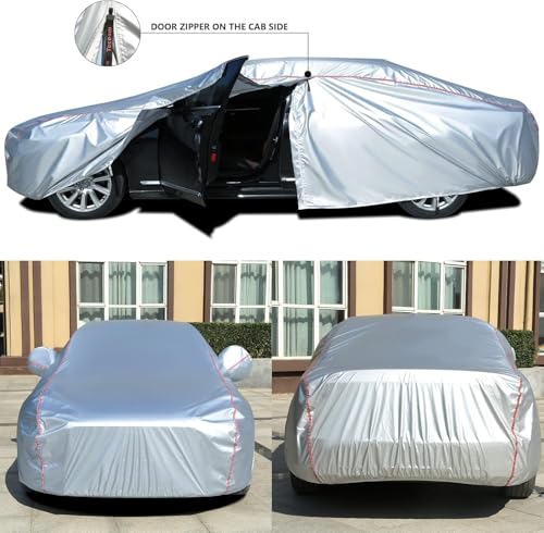 Image of Tecoom Hard Shell Full Car Cover for All Weather, Oxford Material, Door Zipper Design, Waterproof UV-Proof Windproof Indoor Outdoor Fit 160-172 Inches Hatchback