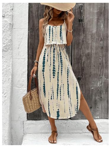 Women's Spaghetti Strap Tie Dye Cami Dress Scoop Neck Split Thigh Midi Dresses Knot Front Sun Dresses3