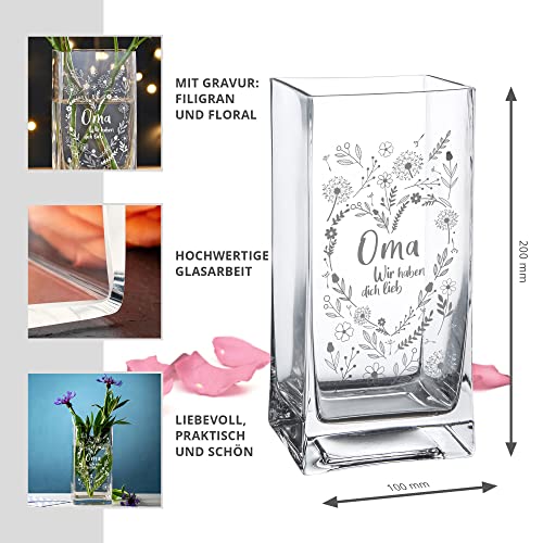 Bloemenvaas voor oma, vaas met gravure, cadeau voor oma, vierkante glazen vaas voor bloemen, bloemenhart, decoratieve vaas, moderne tulpenvaas, glazen tafeldecoratie, verjaardagscadeau, smalle tafelvaas met hoge rand - Afbeelding 3