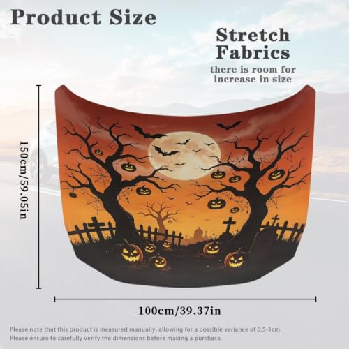Image of Spooky Halloween Moon Print Car Hood Cover Easy to Install Fabric Hood Cover Halloween Vehicles Decorate Engine Removable Automotive Accessories Personalized Suitable for Cars(59x39 Inch)