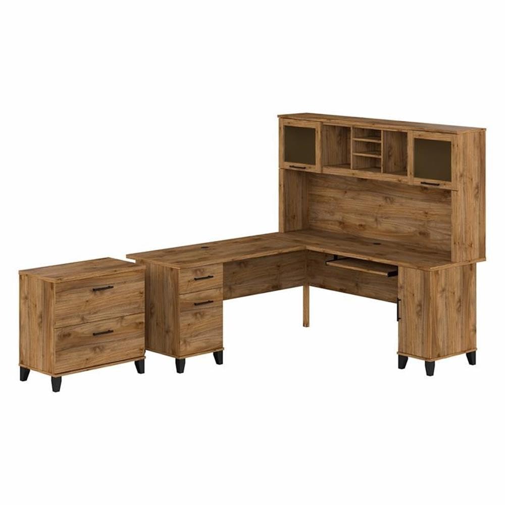 Bush Furniture Somerset 72W L Shaped Desk with Hutch and Lateral File Cabinet in Fresh Walnut