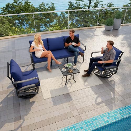 Image of 4 Pieces Outdoor Furniture Set, Patio Conversation Set with Swivel Rocking Chairs Sets and 3-Seater Couch Sofa for Deck, Porch, Garden, Backyard, Poolside (Blue Cushions)